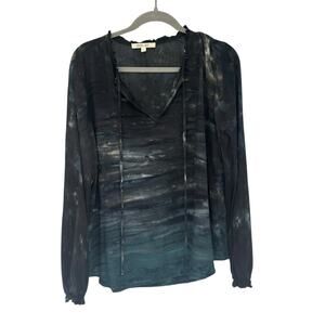 River & Sky Blue Watercolor Long Sleeve Boho Blouse Sz Large